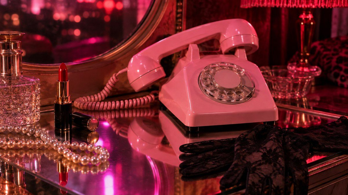 A pink rotary telephone, lipstick, pearls and black gloves under magenta light