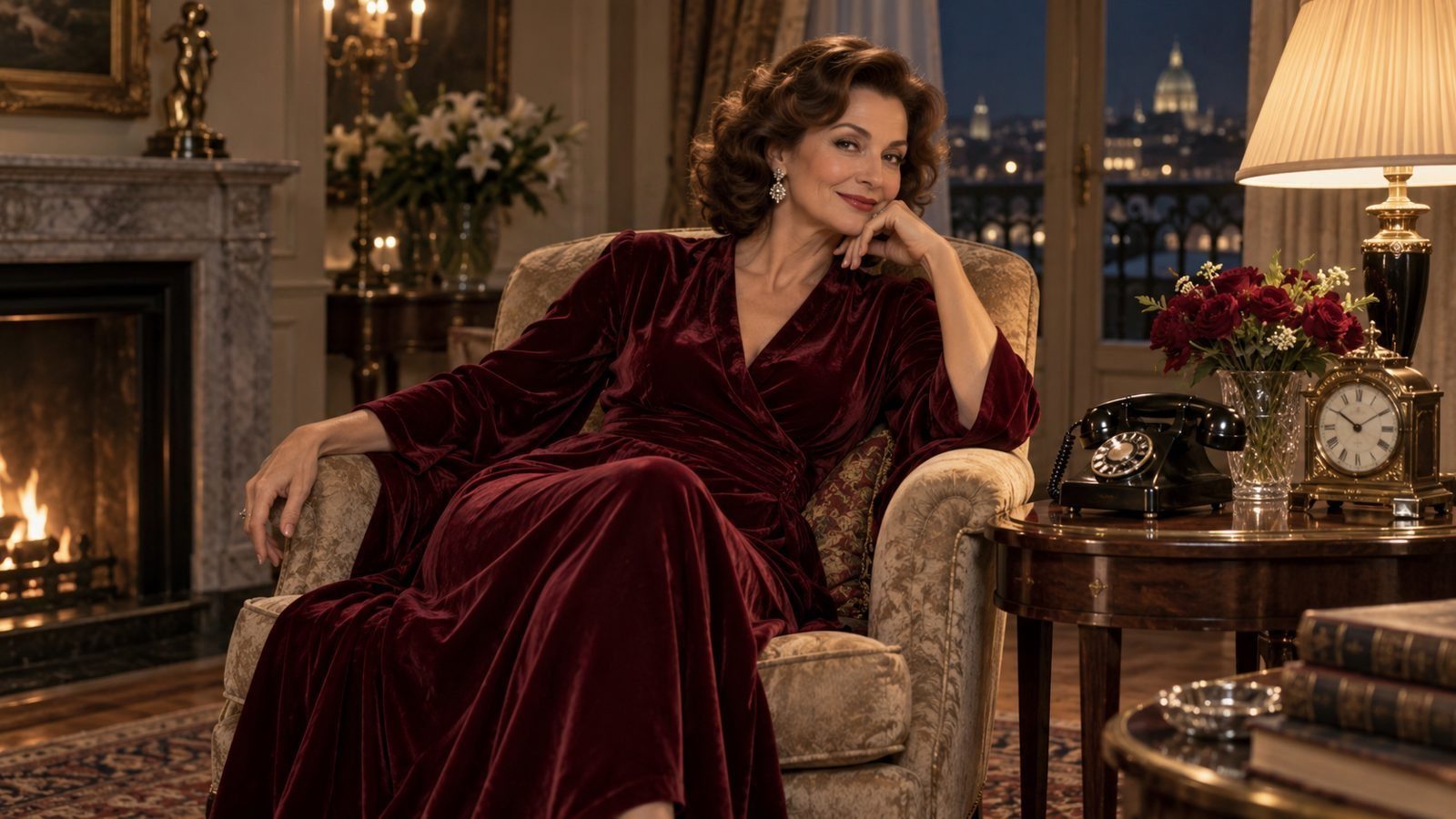 A confident mature woman beside a vintage telephone and clock in a late-night room
