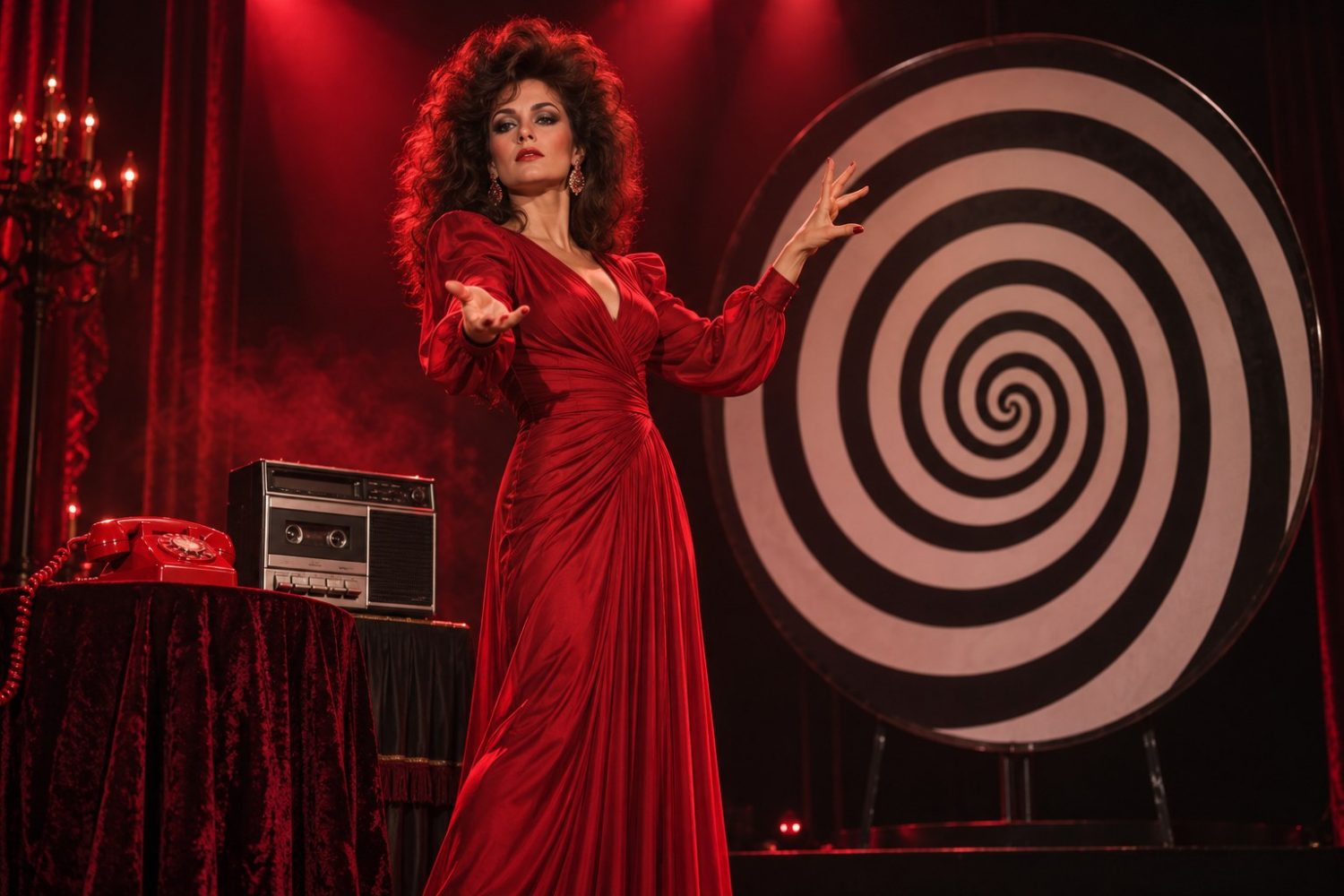 1980s stage hypnotist in a crimson gown beside a spiral prop and cassette recorder