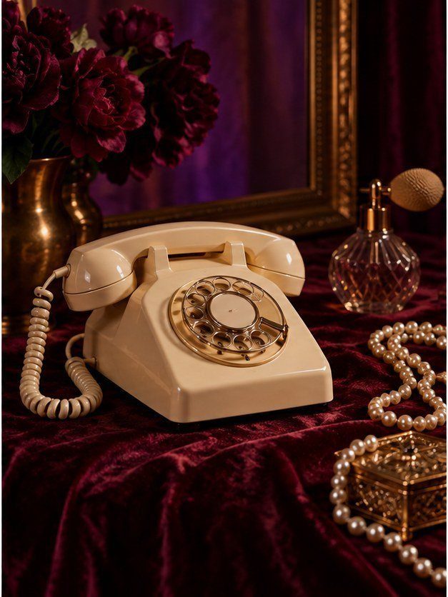 A cream rotary telephone on burgundy velvet with pearls and perfume