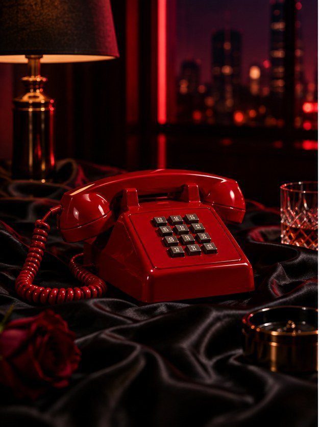 A red vintage telephone on black satin in a seductive late-night room