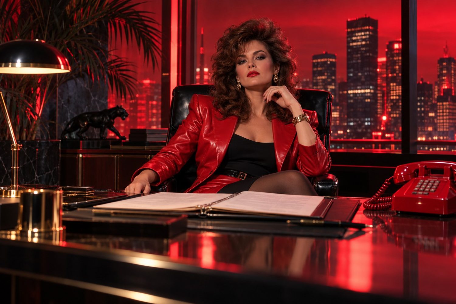 glamorous 1980s woman in red leather behind a desk with a red telephone and open file