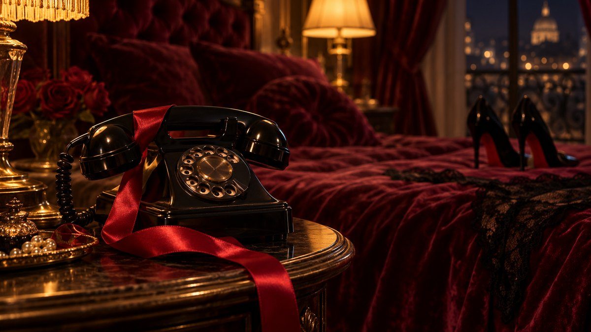Black rotary telephone with red satin ribbon in a burgundy bedroom