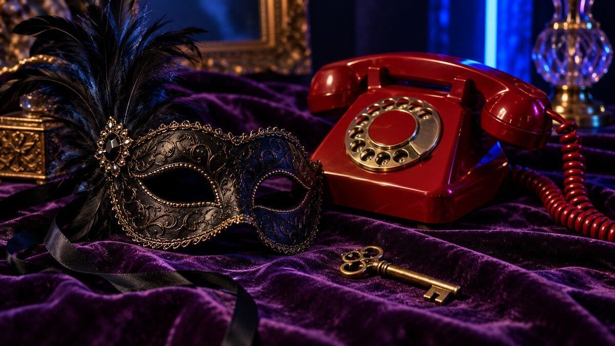 Black masquerade mask and vintage red telephone on purple velvet with blue neon light